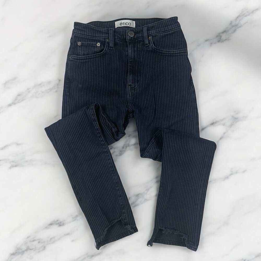 ETICA Slim Skinny Jeans Size 25 Navy Blue Pin Striped Shark Bite Chewed Hem